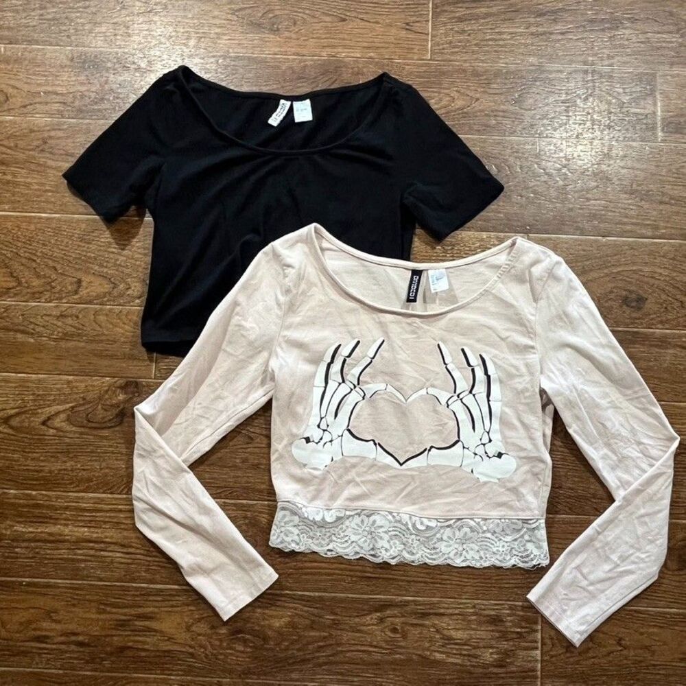 H&M Divided Skeleton Hands Heart Crop Top S Lace Pastel Goth Y2K Lot of 2